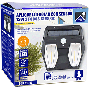 Aplique solar LED 2 focos con sensor, modelo CLASSIC