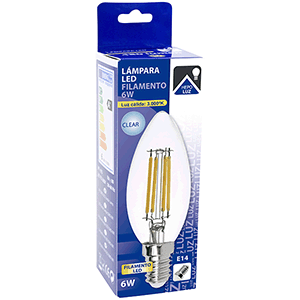 Lámpara vela filamento LED E14 6W 3000ºK