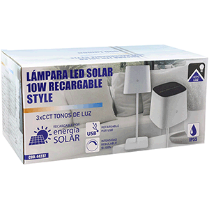 Lámpara LED solar de sobremesa 10W recargable, color blanco.