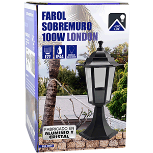 Farol de sobremuro en aluminio E27 IP44, color negro.