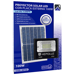 Proyector led solar 100W 6000K con placa solar exterior