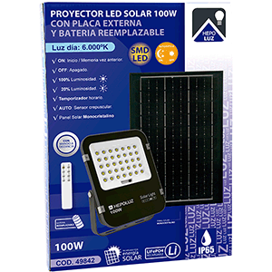 Proyector LED solar 100W 6000ºK con batería reemplazable